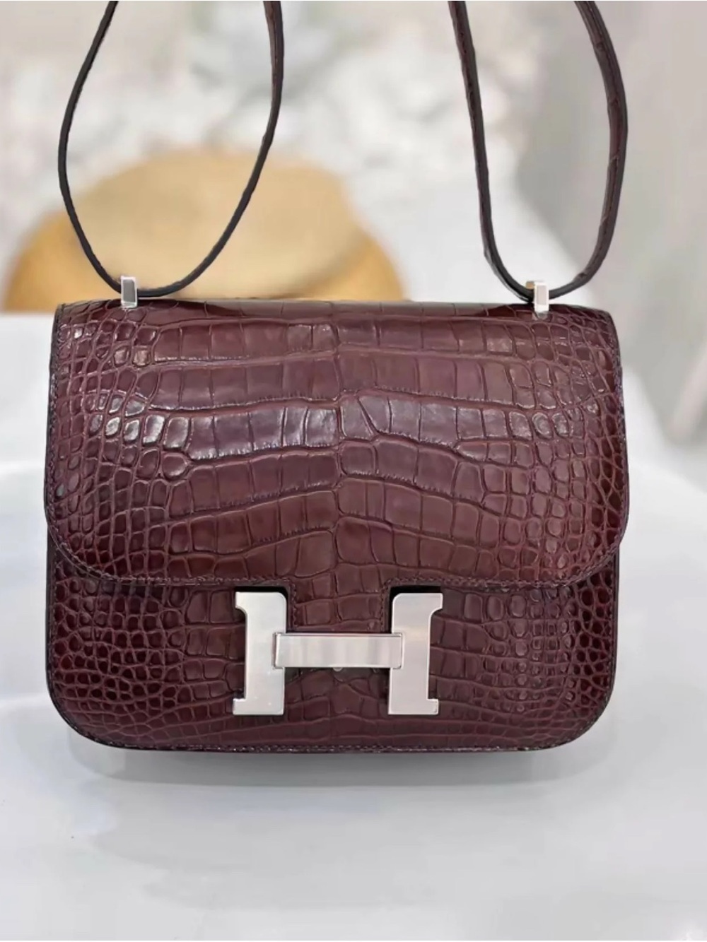 H 18 Constance Crocodile Embossed Cafe Chocolate Brown PHW bling encrusted